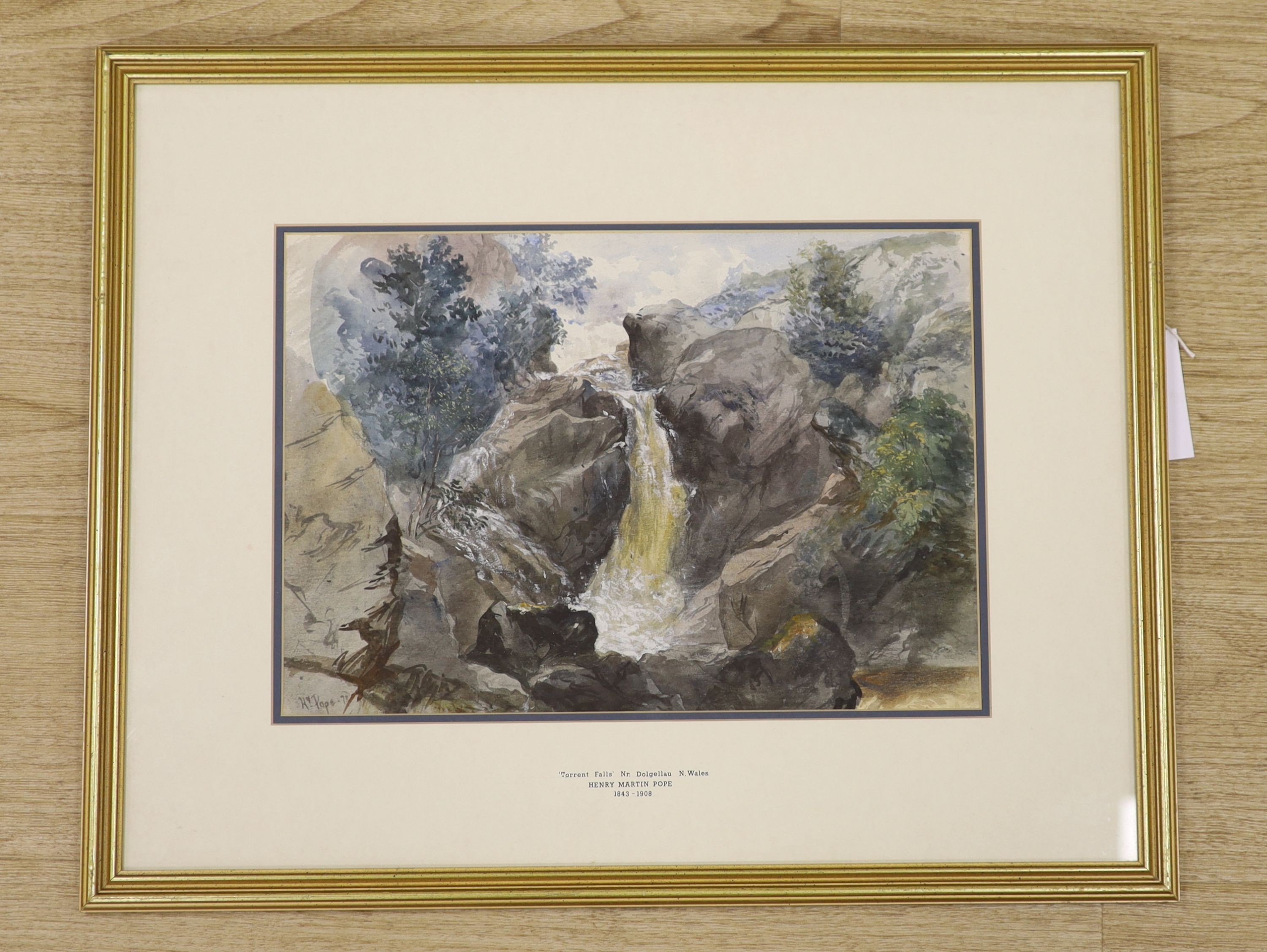 Henry Martin Pope (1843-1908), watercolour, Torrent Falls, Near Dolgellau, North Wales, signed and dated '73, 25 x 36cm